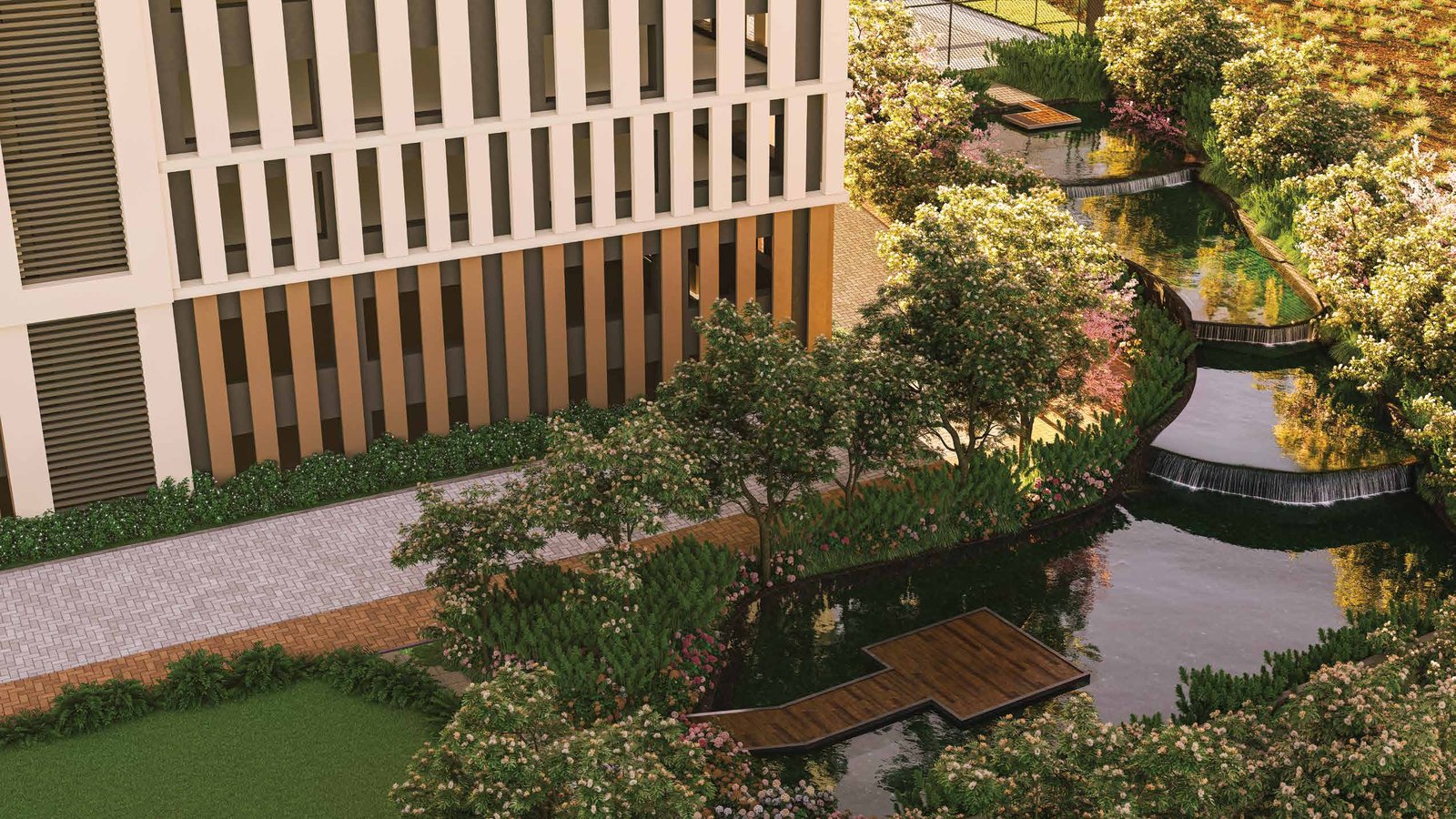 The bio pond and floating decks