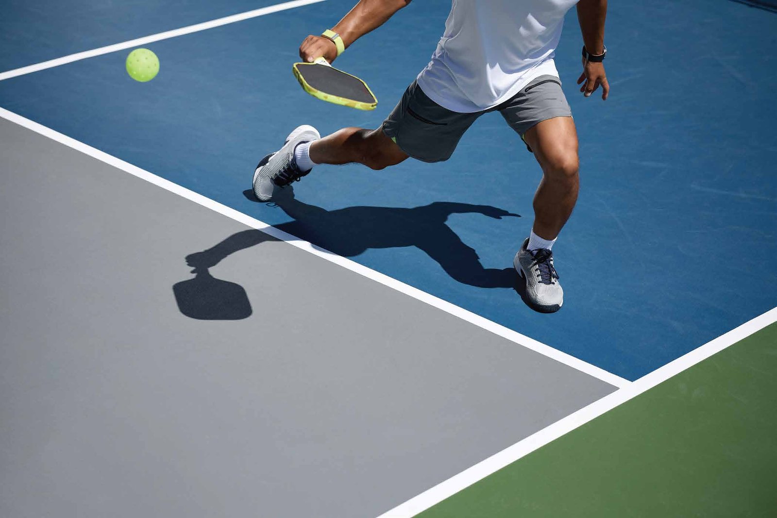 A pickleball rally in play
