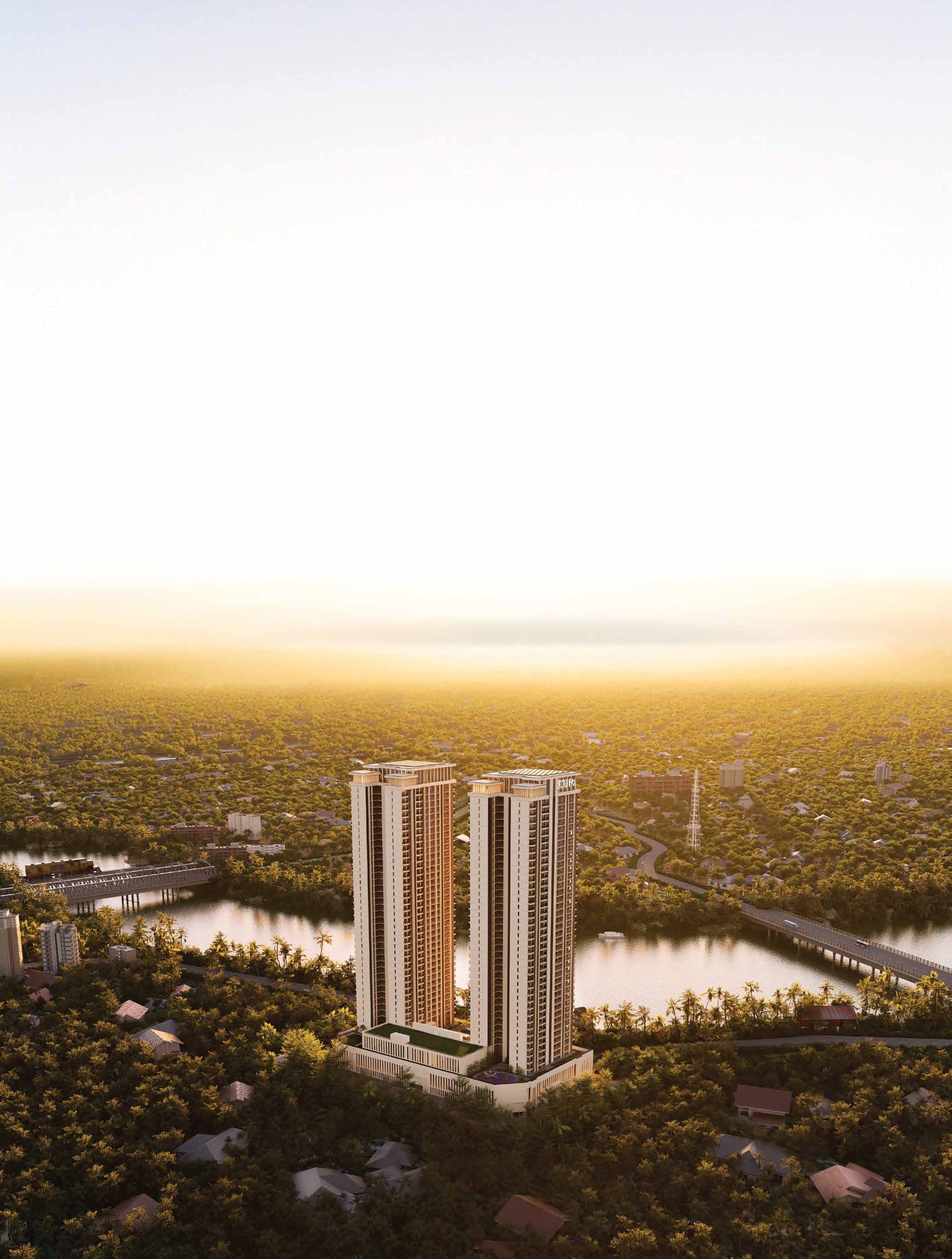 The towers at sunrise above the river